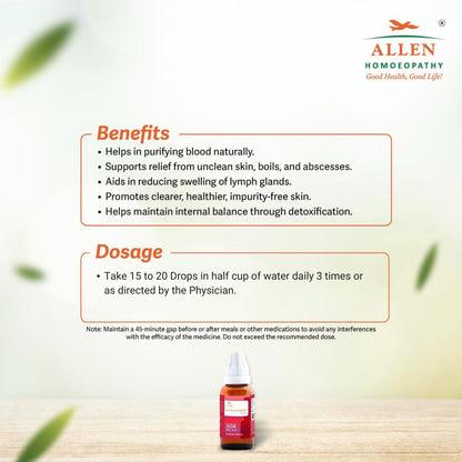Allen's A04 Blood Purifier Drops benefits and dosage information on a light background